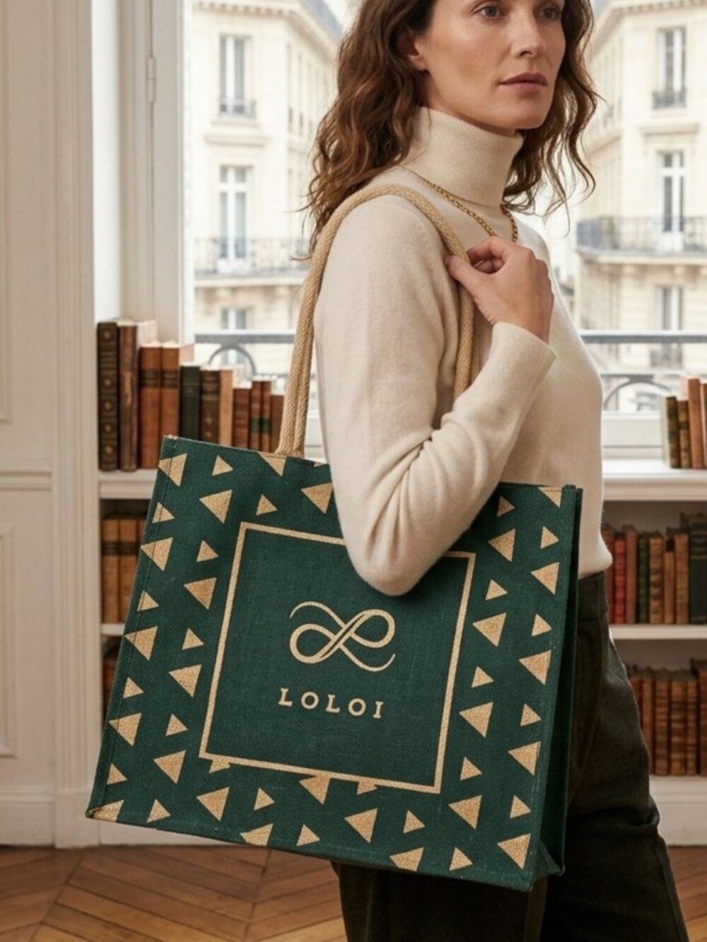 Refined Utility: Loloi Large Shopper Tote in Dark Teal & Neutral Burlap